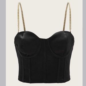 Shein Black Satin Bustier Gold Tone Chain Straps Underwire Cami Top EUC Medium